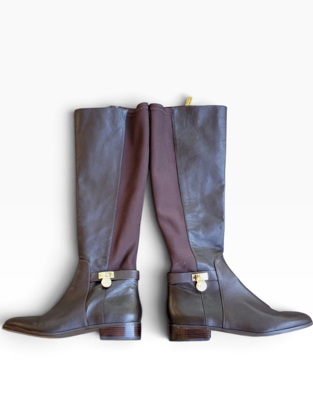 MICHAEL KORS HAMILTON GOLD PADLOCK LOGO TALL RIDING BOOTS size 8.5